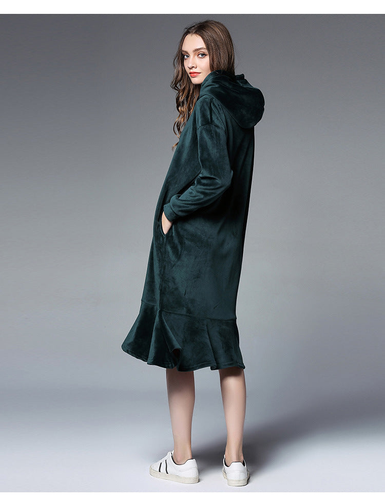 women's autumn and winter fat mm long hooded sweater women's thick velvet bottoming skirt