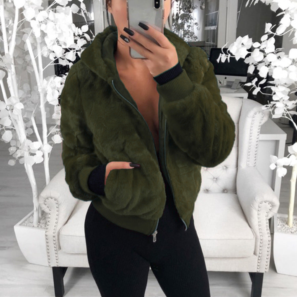foreign trade wish European and American autumn and winter explosion models women's hooded bunny fur imitation fur plush jacket women