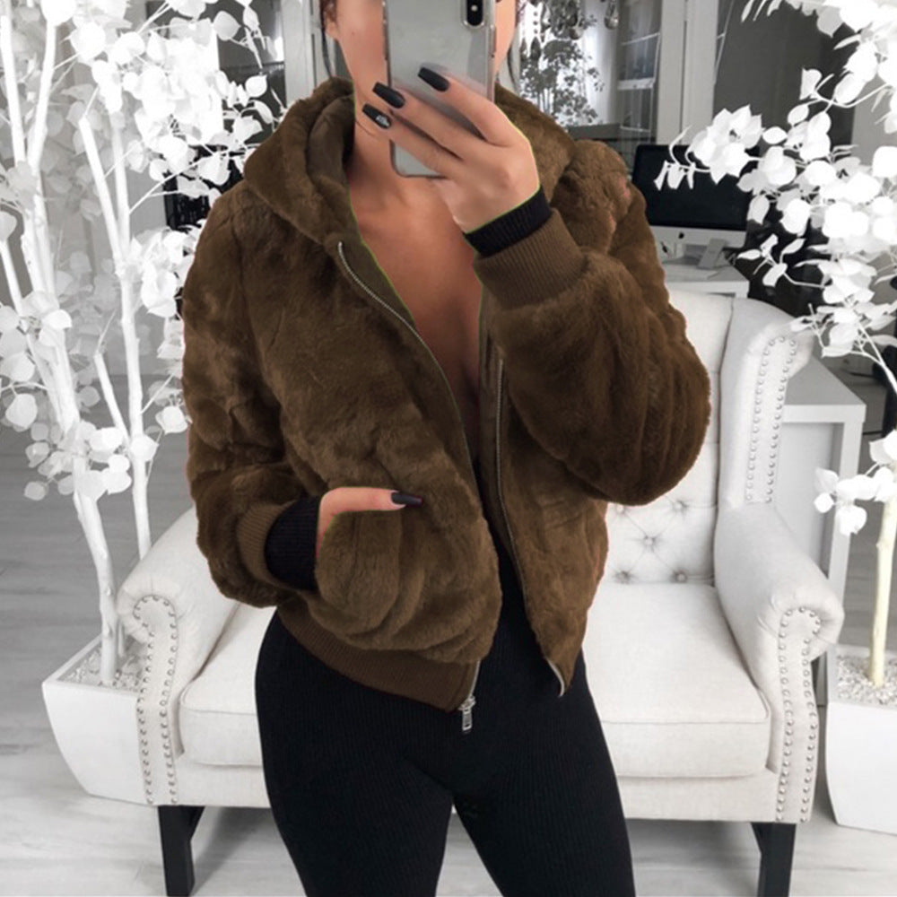 foreign trade wish European and American autumn and winter explosion models women's hooded bunny fur imitation fur plush jacket women