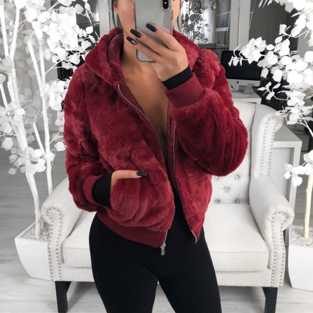 foreign trade wish European and American autumn and winter explosion models women's hooded bunny fur imitation fur plush jacket women