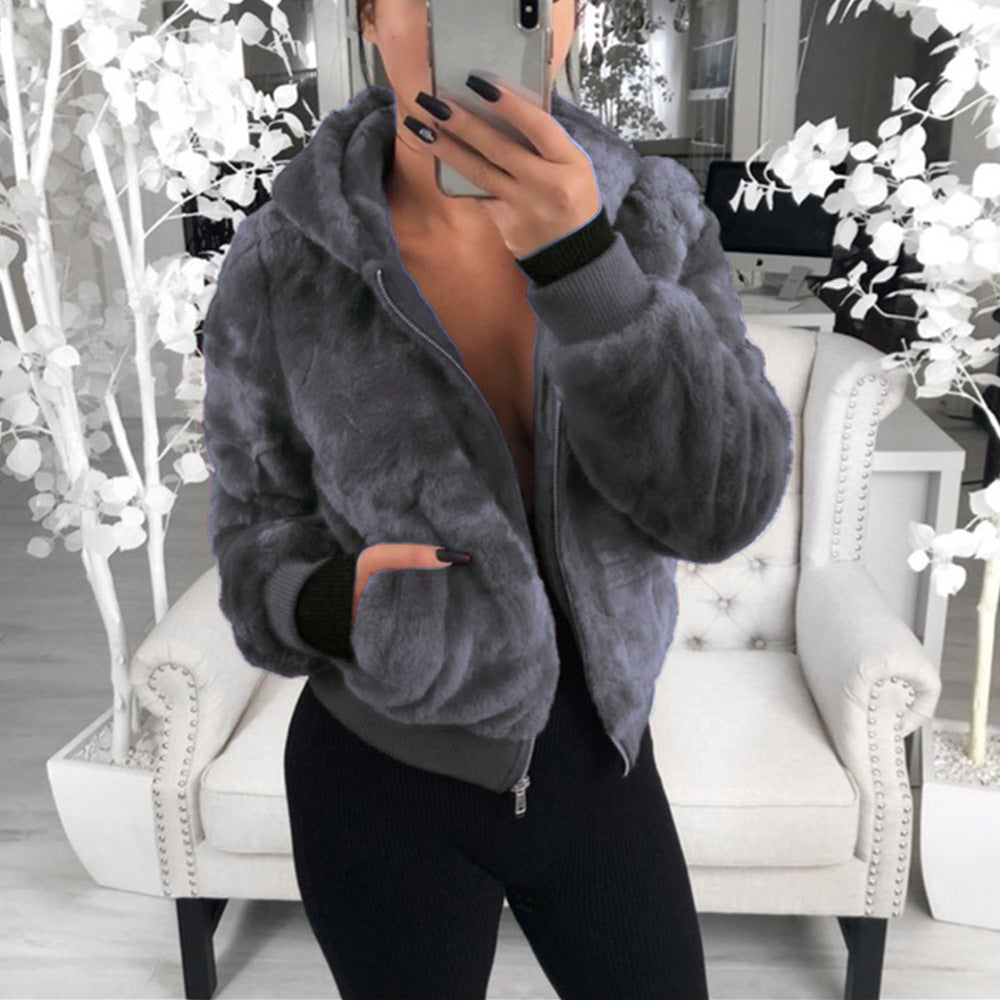 foreign trade wish European and American autumn and winter explosion models women's hooded bunny fur imitation fur plush jacket women