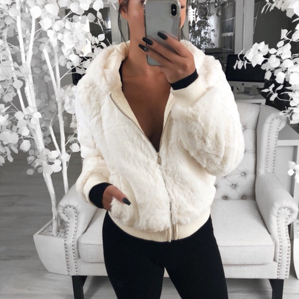 foreign trade wish European and American autumn and winter explosion models women's hooded bunny fur imitation fur plush jacket women