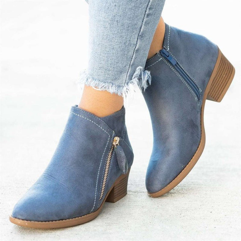 Cross-border foreign trade new side zipper large size Martin boots women's short boots pointed toe mid-heel square root low-tube women's boots