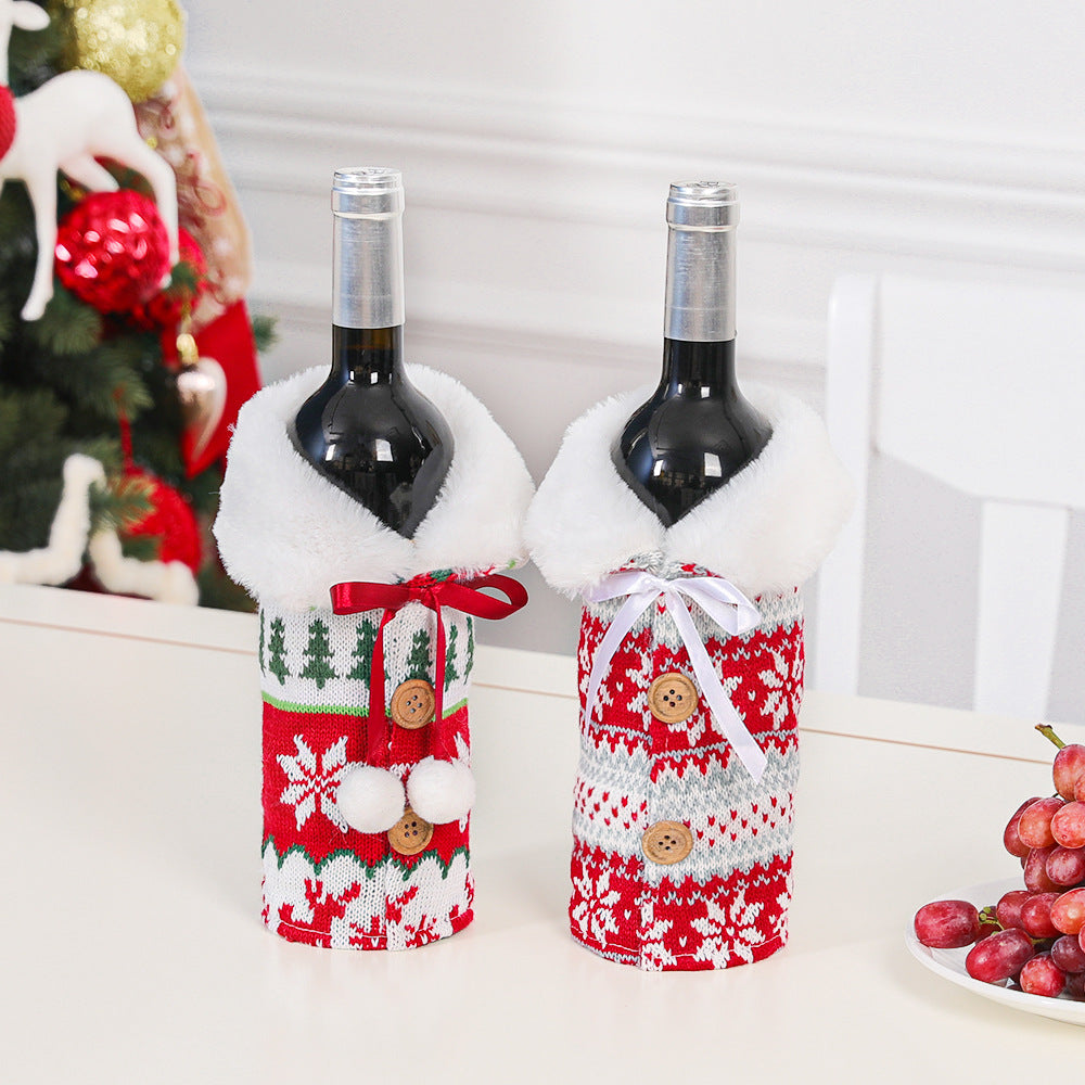 Christmas New Nordic Knitted Elk Snowflake Wine Bottle Cover Christmas Decoration Fur Ball Wine Bottle Cover Household Goods