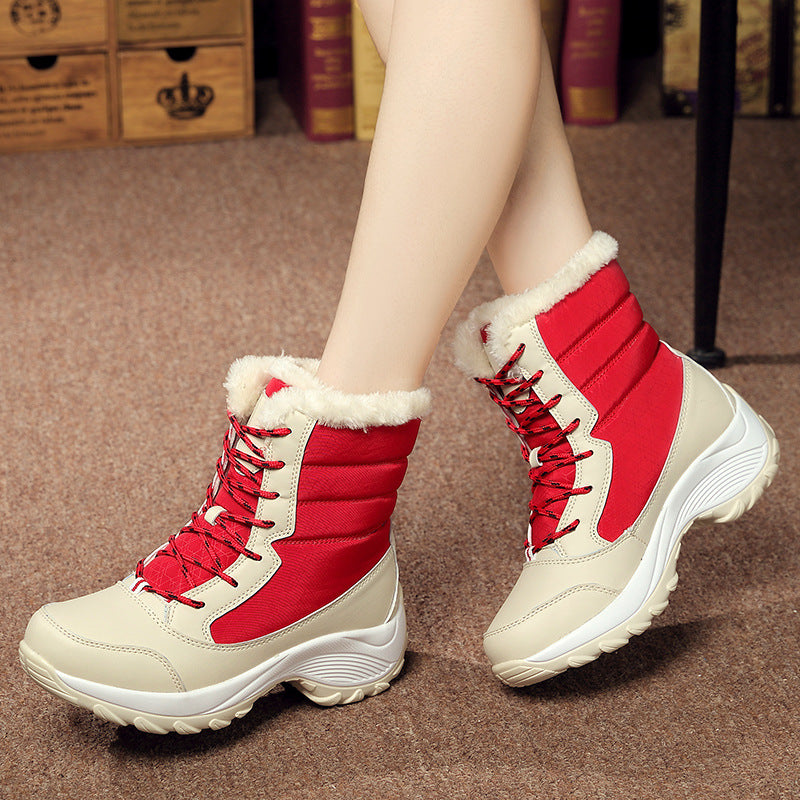 Winter new plus velvet high-top women's shoes Korean student lace up all-match waterproof snow boots women's tide cotton shoes