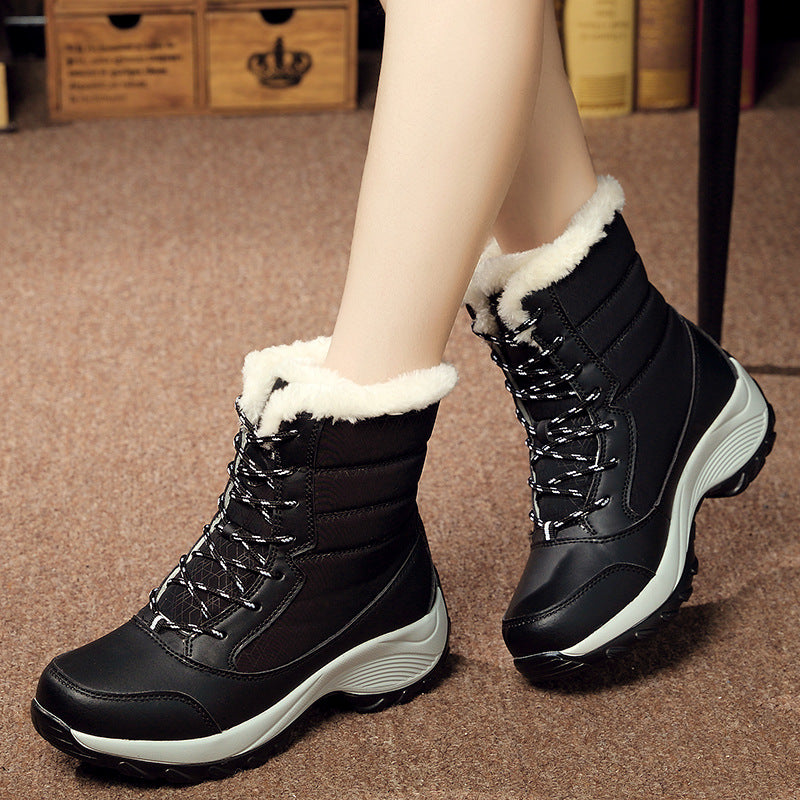 Winter new plus velvet high-top women's shoes Korean student lace up all-match waterproof snow boots women's tide cotton shoes