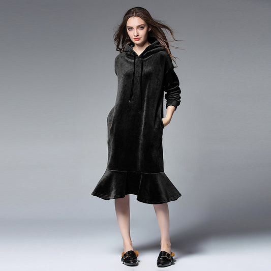 hooded sweater  women's autumn and winter  long hooded sweater women's thick velvet bottoming skirt 6610