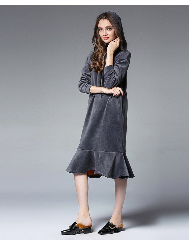 hooded sweater  women's autumn and winter  long hooded sweater women's thick velvet bottoming skirt 6610