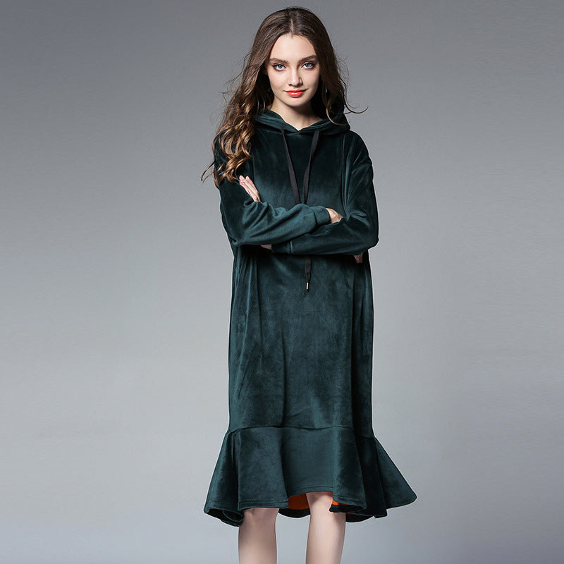 women's autumn and winter fat mm long hooded sweater women's thick velvet bottoming skirt