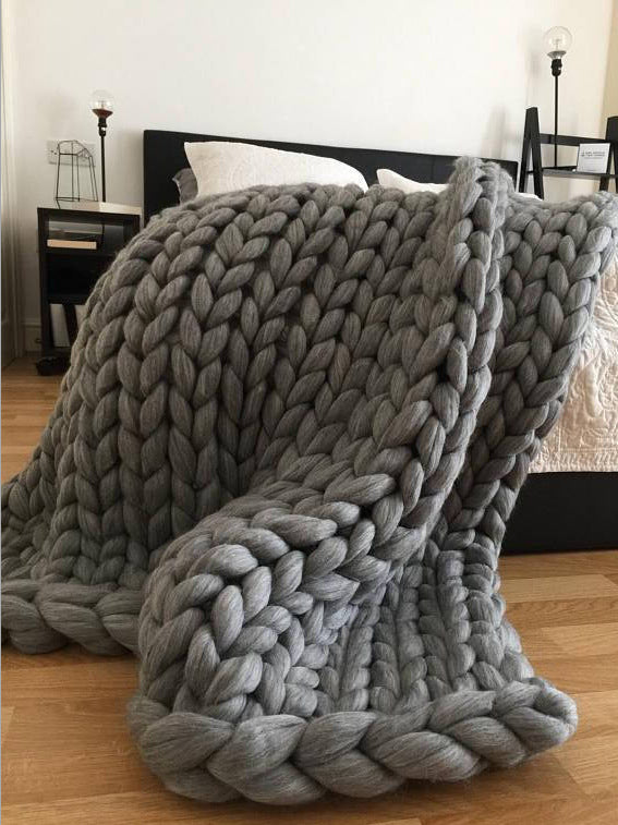 Handmade Chunky Knitted Blanket Thick Yarn Merino Wool Bulky Knitted Blanket Warm Winter Sofa Bed Home Decor Throws Blankets