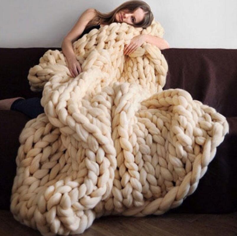 Handmade Chunky Knitted Blanket Thick Yarn Merino Wool Bulky Knitted Blanket Warm Winter Sofa Bed Home Decor Throws Blankets