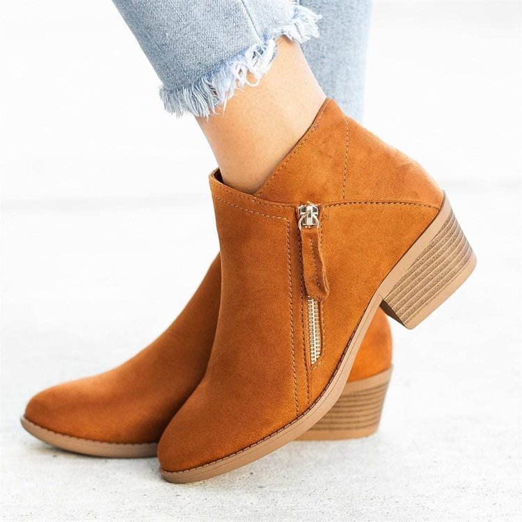 Cross-border foreign trade new side zipper large size Martin boots women's short boots pointed toe mid-heel square root low-tube women's boots